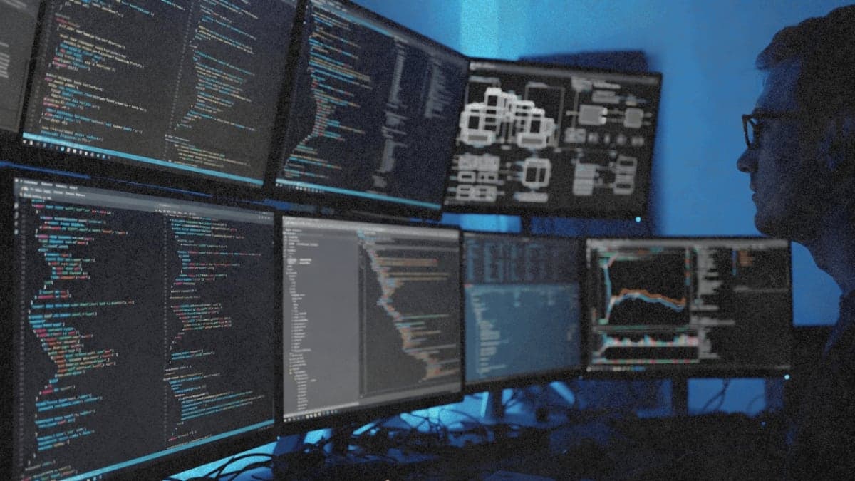 Developer workspace with code on screens, developer focused away from code itself