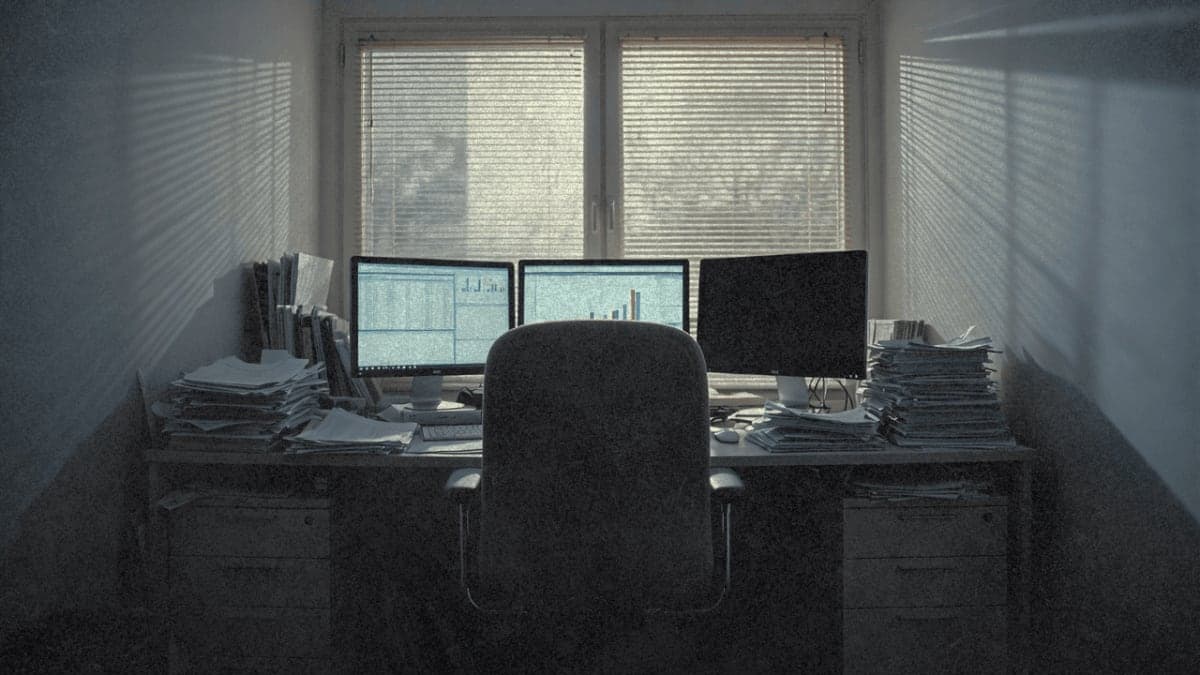 Empty office chair facing away from a research desk with scattered papers and monitors