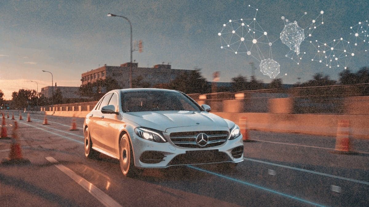 Mercedes sedan navigating construction zone with AI trajectory overlay