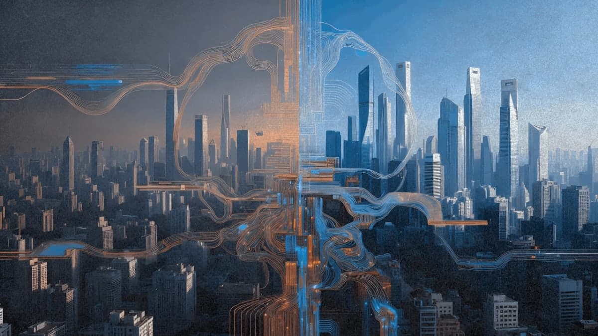 Split illustration showing Beijing and Singapore skylines connected by abstract data flows representing AI technology transfer between the two cities