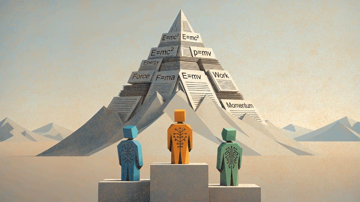 Three AI systems on a podium at nearly equal heights facing a tall mountain of scientific challenges