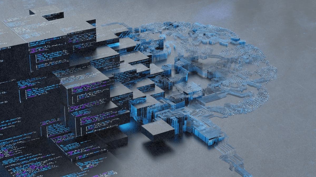 Abstract illustration showing CSS code transforming into AI neural network patterns