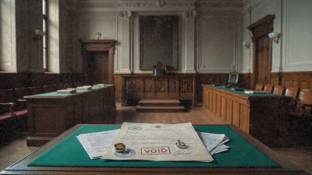 Wedding certificate marked void on a courtroom desk with wedding rings nearby