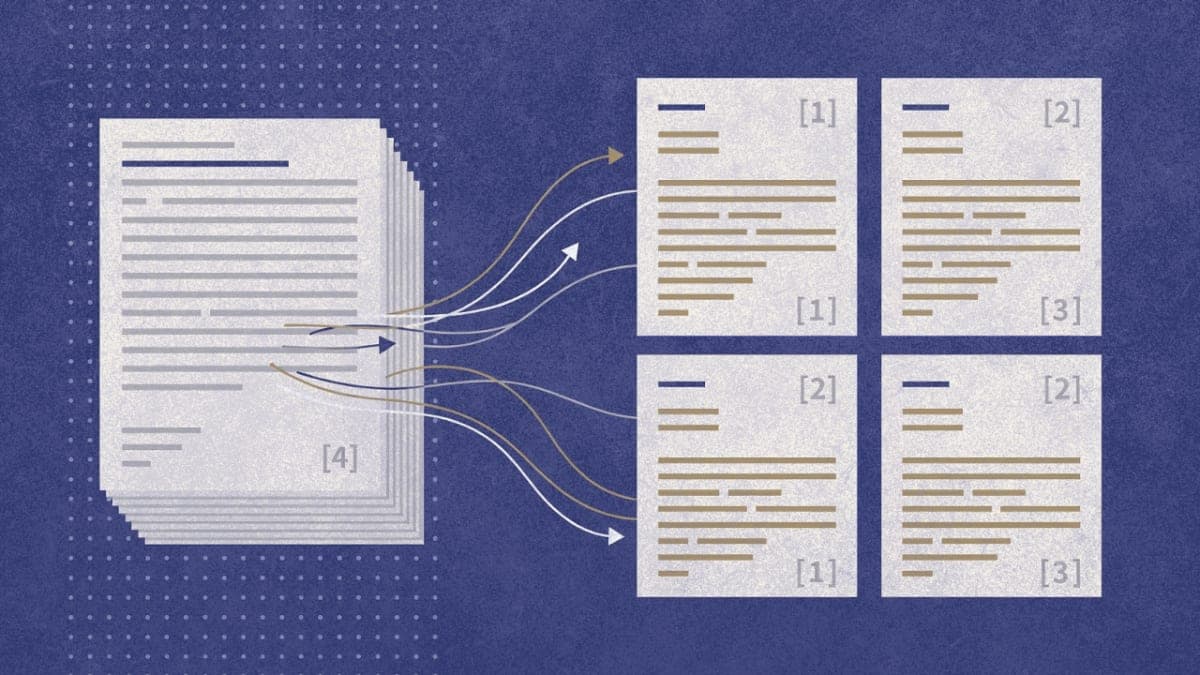 Illustration of documents being transformed into organized, cited notes through NotebookLM processing