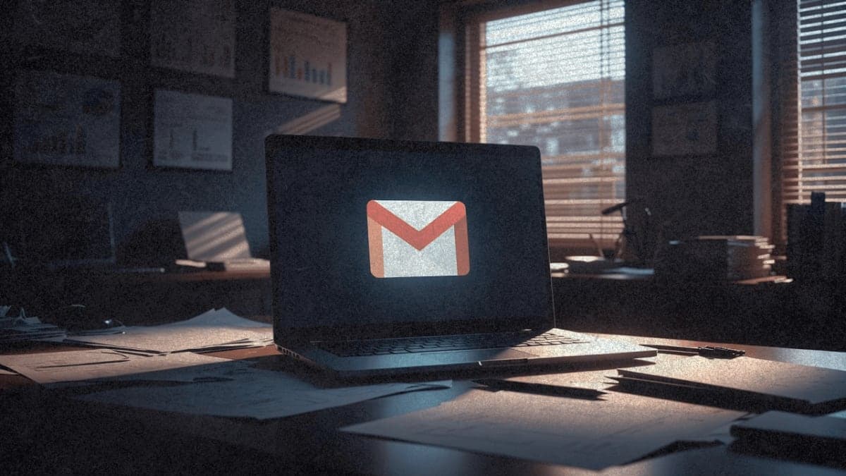 Gmail logo reflected in laptop screen in dark office setting