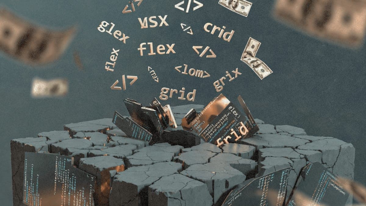 Stylized illustration of CSS framework infrastructure being supported by corporate sponsorship, depicting the Tailwind CSS funding crisis