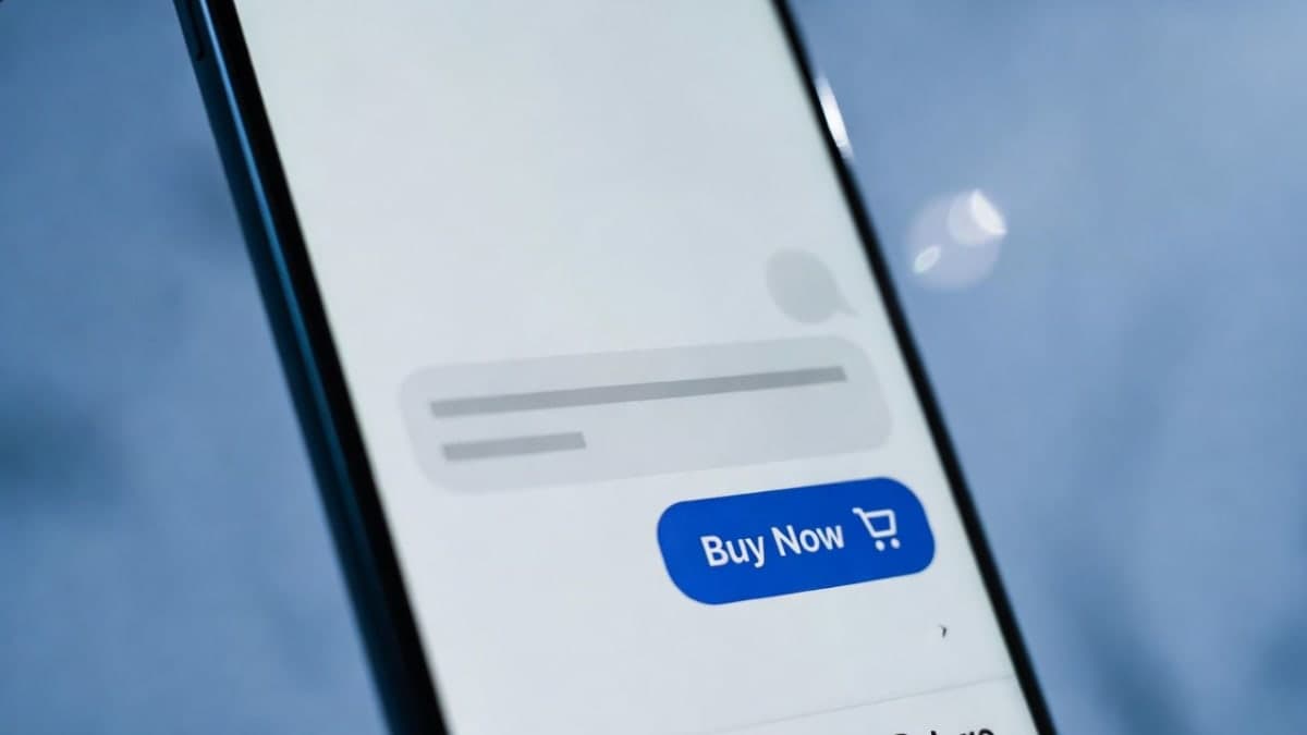 Smartphone showing chat-based shopping interface with purchase button