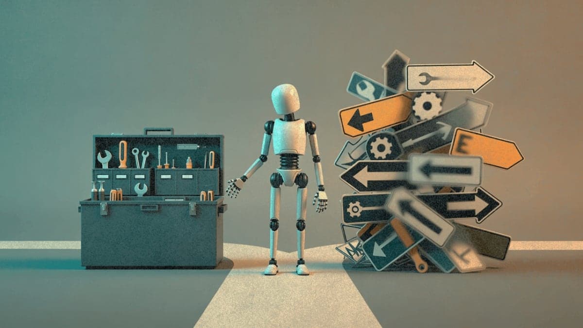 Illustration of an AI agent choosing between an organized skill library and a chaotic overflow of options