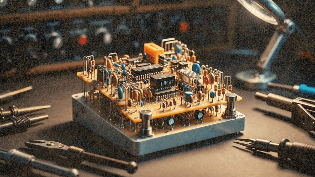 Vintage guitar effects pedal with exposed circuit board on electronics workbench, showing analog filter components under dramatic side lighting