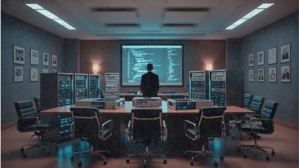 Illustration of corporate boardroom with chairs being replaced by AI server equipment, showing consulting industry transformation