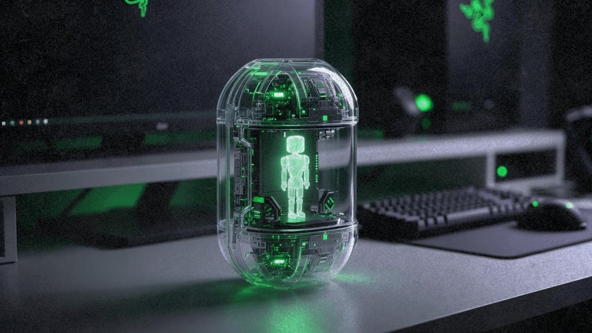 Razer Project AVA concept showing a transparent desktop capsule with holographic AI avatar display