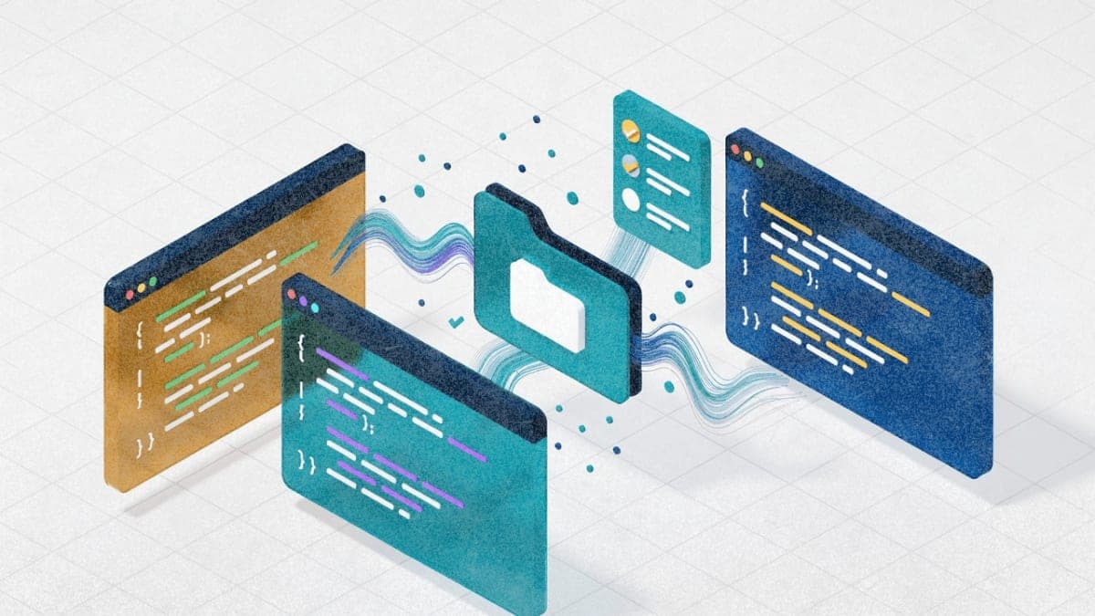 Isometric illustration showing three AI coding assistant interfaces connected to a central project folder with a task checklist