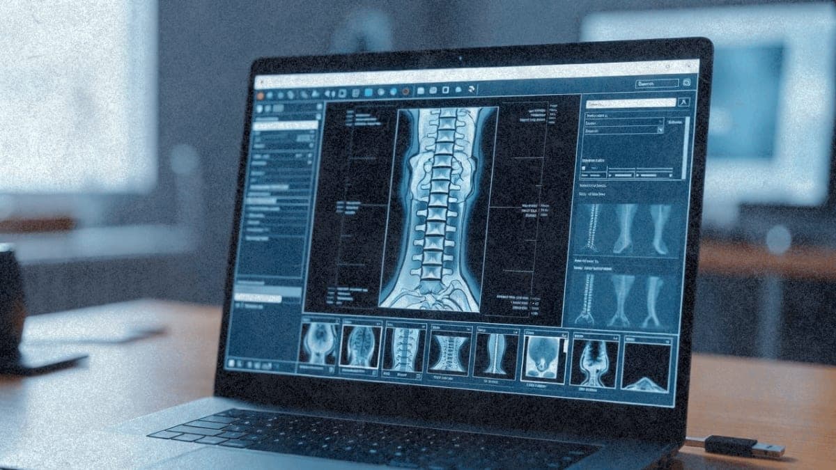 A laptop displaying a medical spine scan interface next to a USB stick on a wooden desk