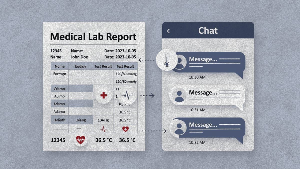 Illustration of medical lab results being analyzed through an AI chat interface