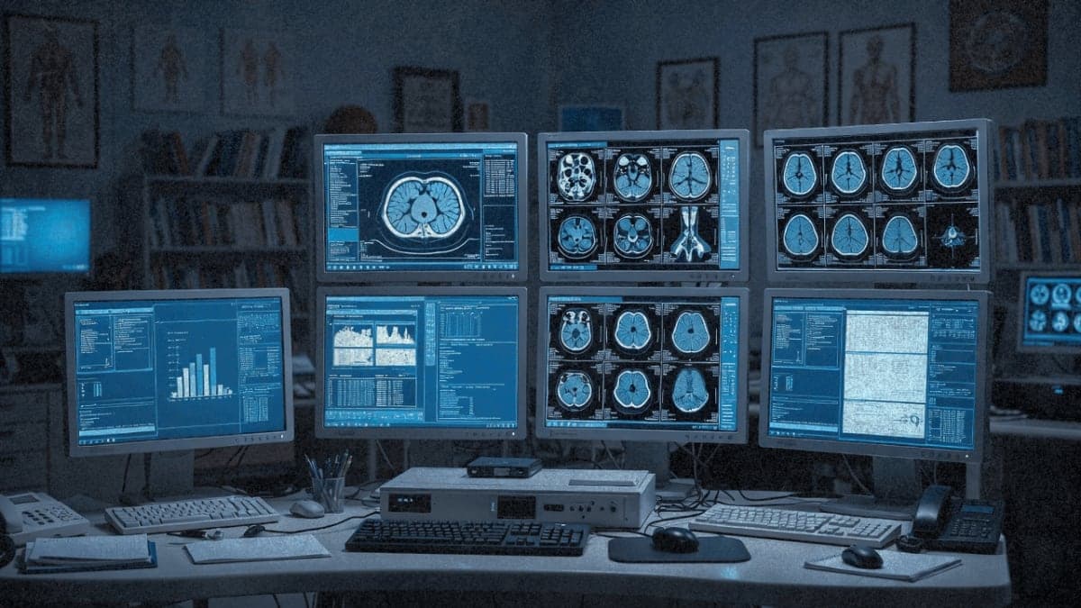 Radiology workstation displaying CT scan slices across multiple monitors in clinical setting