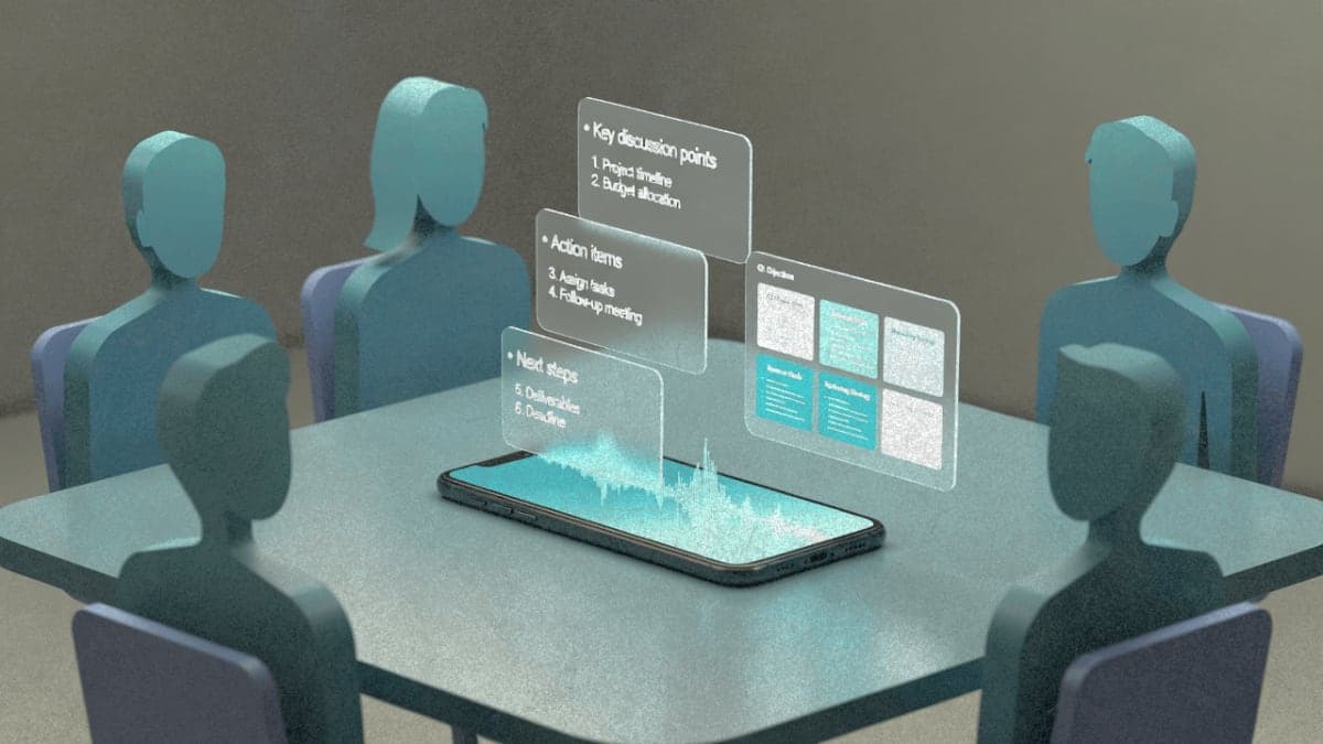 Smartphone recording a meeting with AI-generated notes and slides floating above