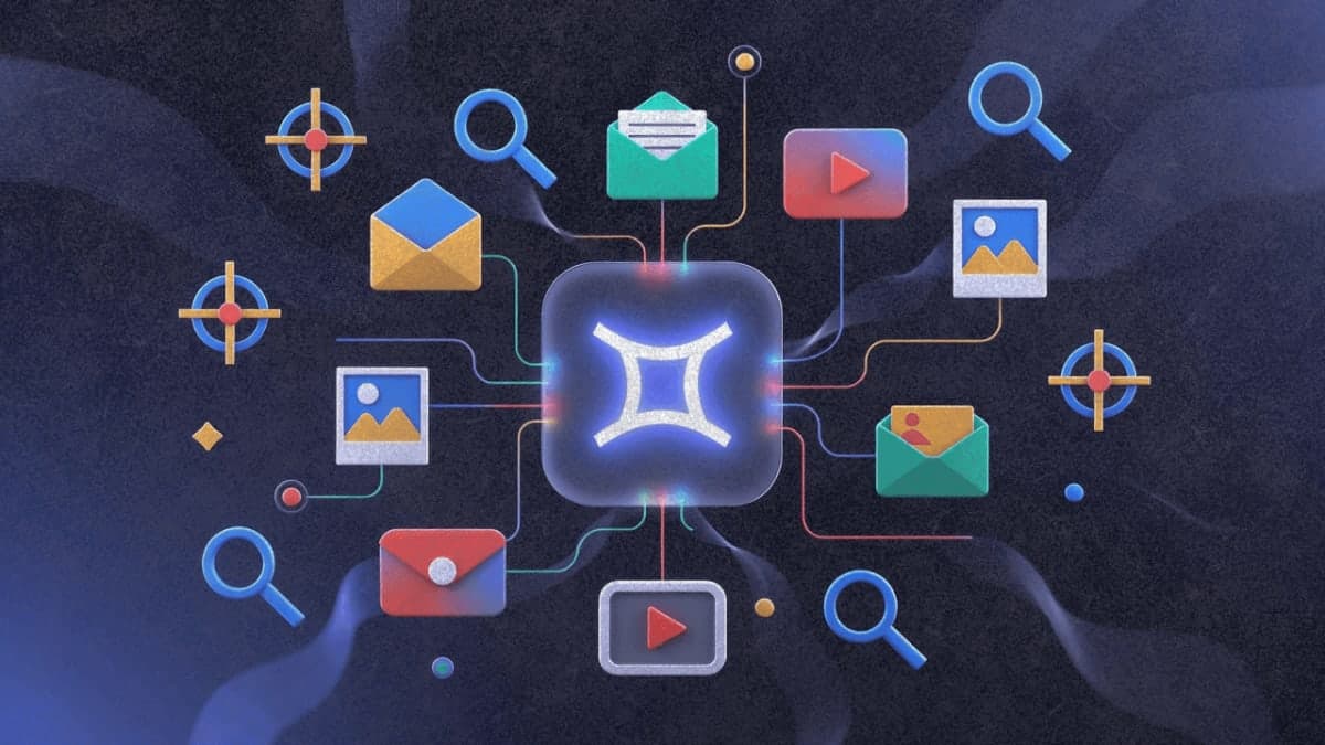 Illustration of Google Gemini connecting to Gmail, Photos, YouTube, and Search data sources
