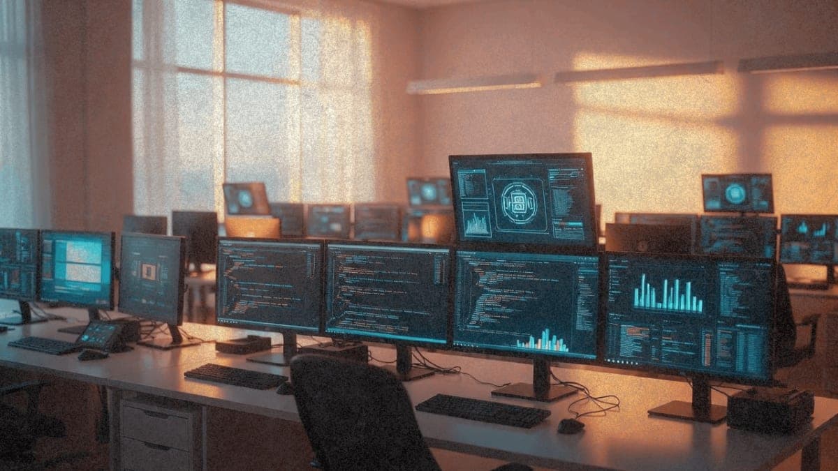 Modern tech office laboratory with workstations and monitors in warm lighting