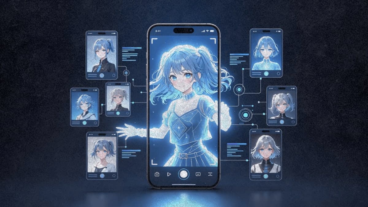 Smartphone showing AI-generated vertical video with floating reference images connected by data streams