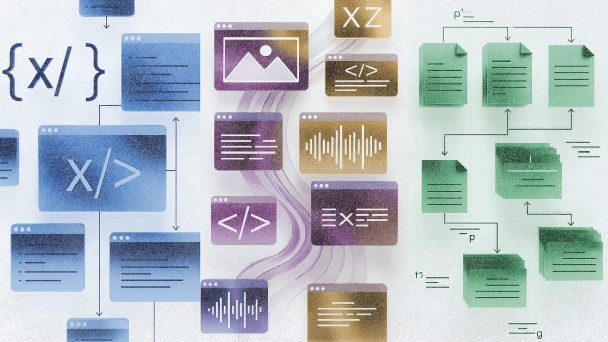 Abstract illustration of three AI prompting workflows: structured reasoning, multimodal processing, and source-grounded research