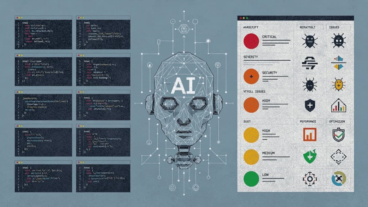 Diagram showing code files flowing through an AI agent to produce a structured review report with severity indicators