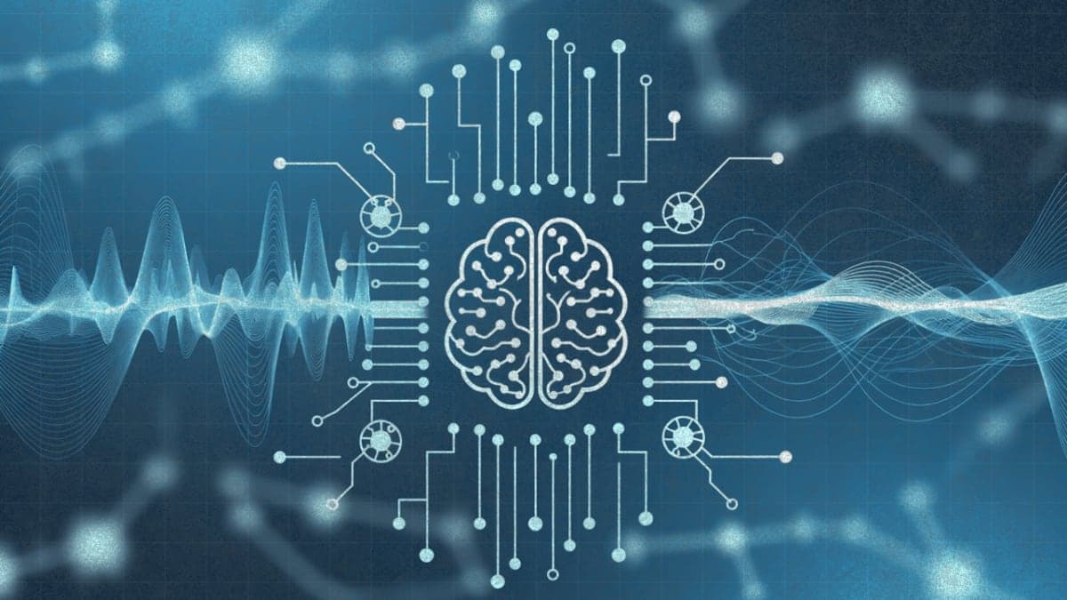 Abstract visualization of an AI audio processing system with sound waves and neural network patterns