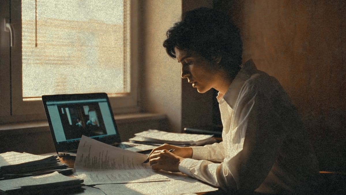 Person reviewing trademark documents at desk with laptop showing video