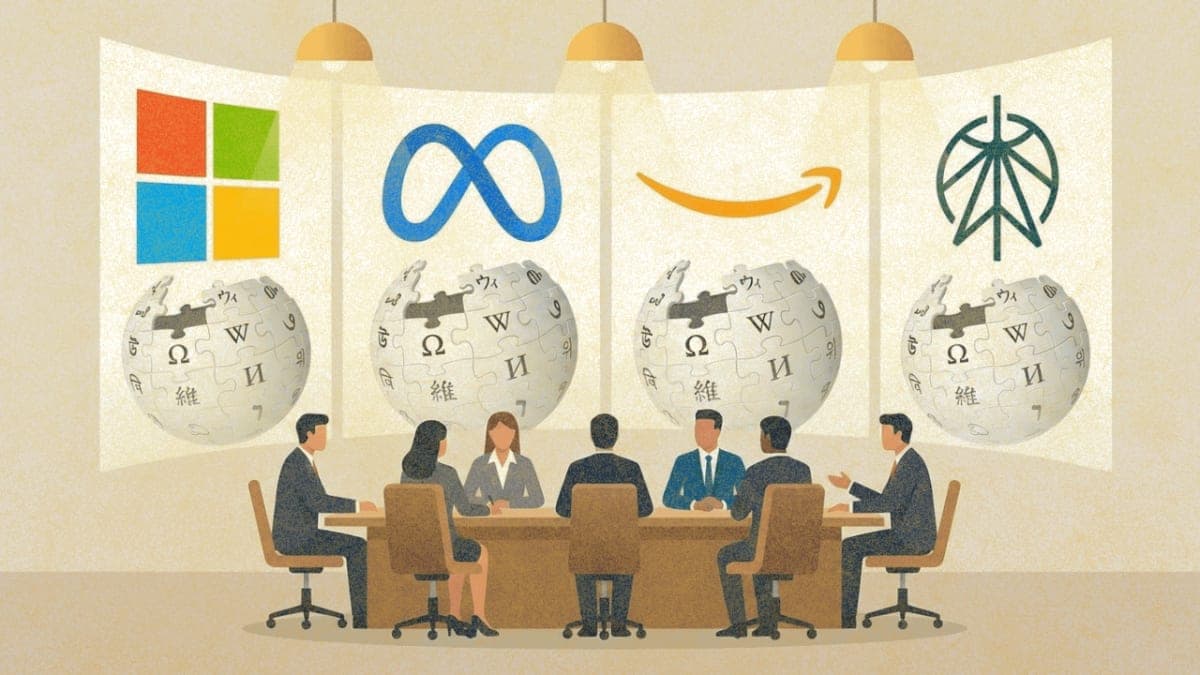 Illustration of Wikipedia's globe logo surrounded by Big Tech company logos representing new AI training data partnerships