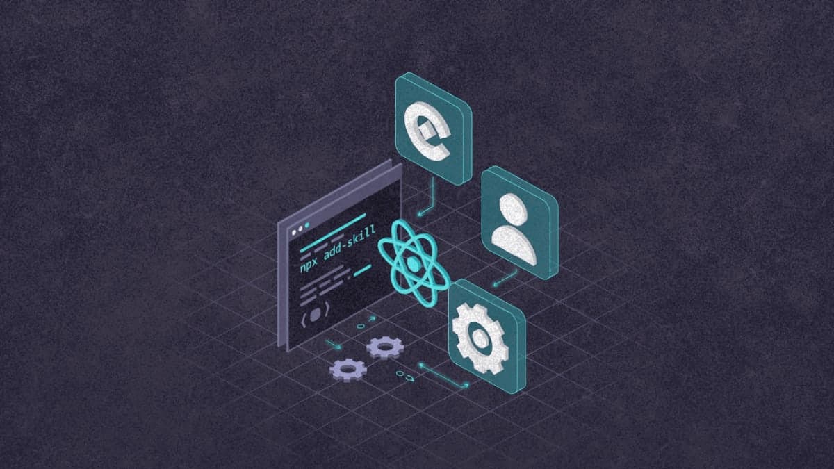Terminal command connecting to multiple AI coding agent icons with React logo and optimization symbols