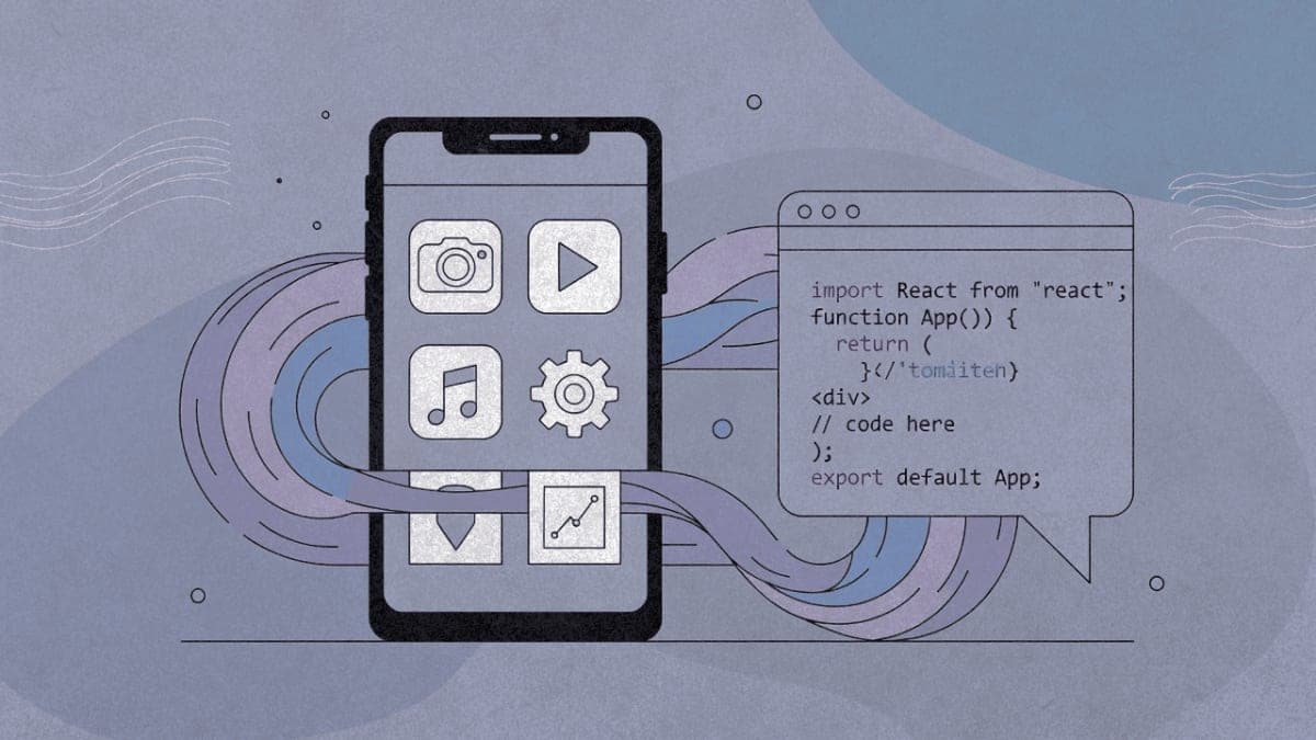 Smartphone connected to a chat bubble representing AI-generated mobile app development