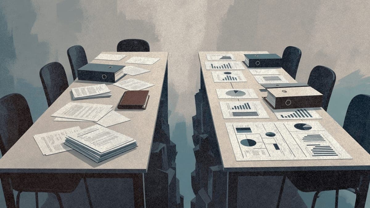 Illustration depicting legal documents and corporate paperwork arranged on opposing sides, representing the OpenAI versus Musk litigation