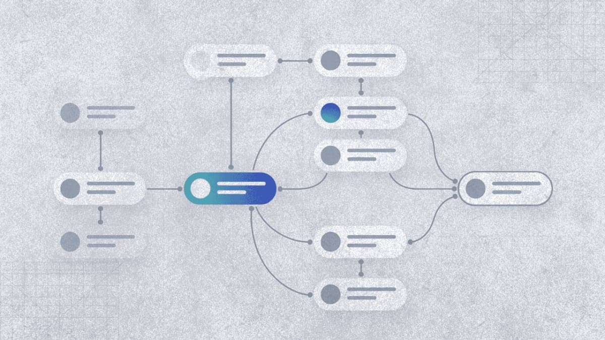 Abstract workflow diagram showing connected automation nodes with data flowing between them