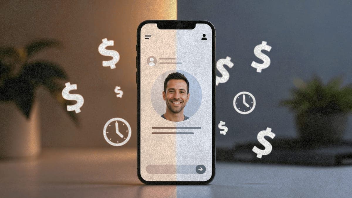Smartphone displaying an AI coaching chat interface with motivational speaker avatar