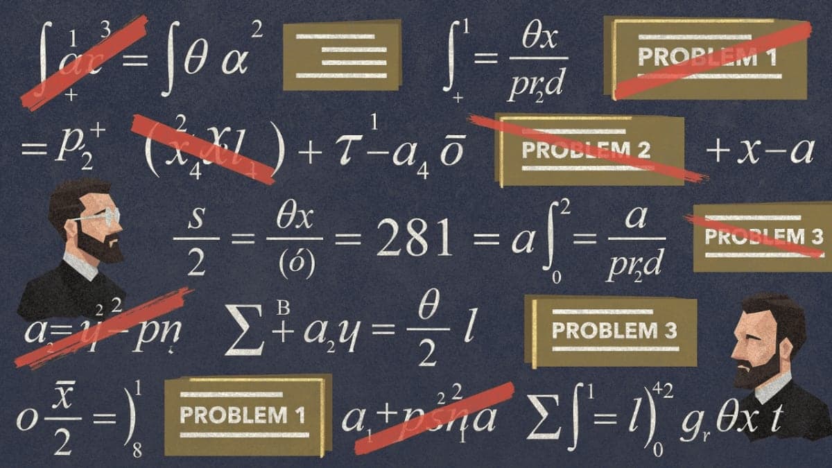 Abstract visualization of mathematical problems with the number 281 prominent and duplicate figures examining the same equation