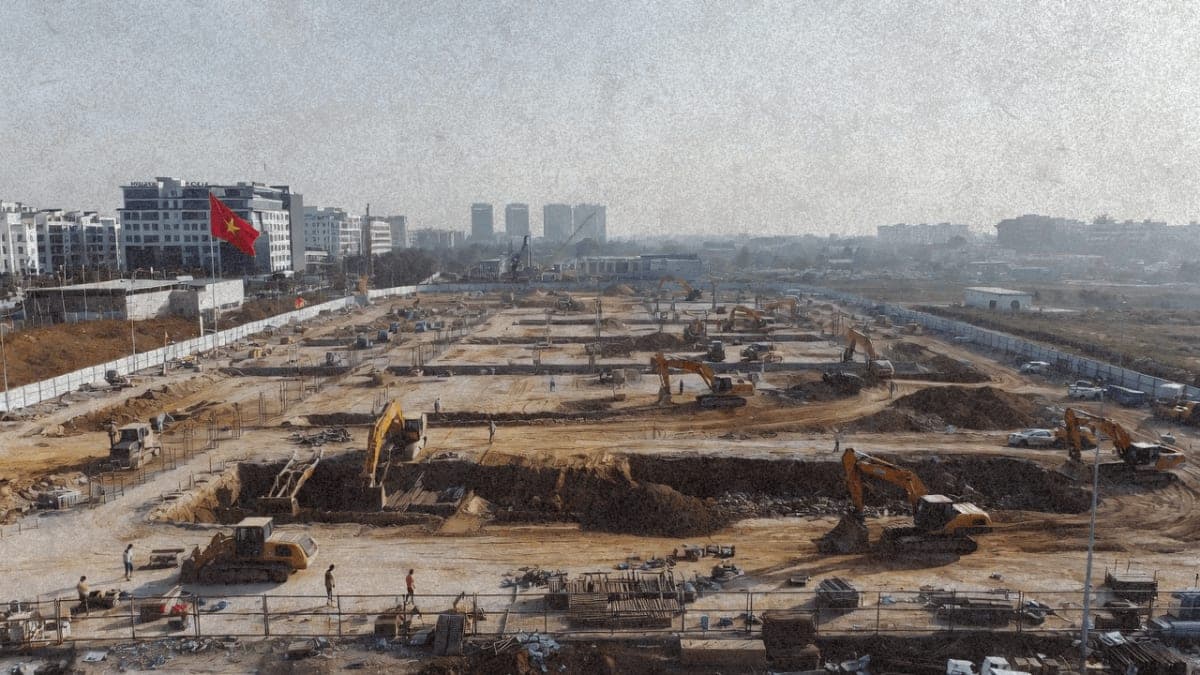 Aerial view of construction site for Vietnam's first semiconductor fabrication plant at Hoa Lac Hi-Tech Park, with workers and equipment visible