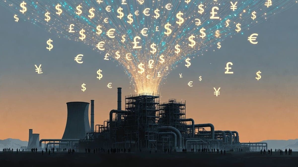 Abstract illustration of a data center transforming compute power into revenue, with glowing data streams rising into currency symbols against a gradient sky