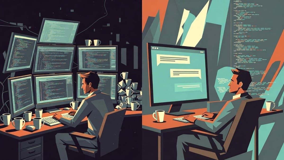 Split illustration showing the contrast between traditional coding and AI-assisted development workspaces