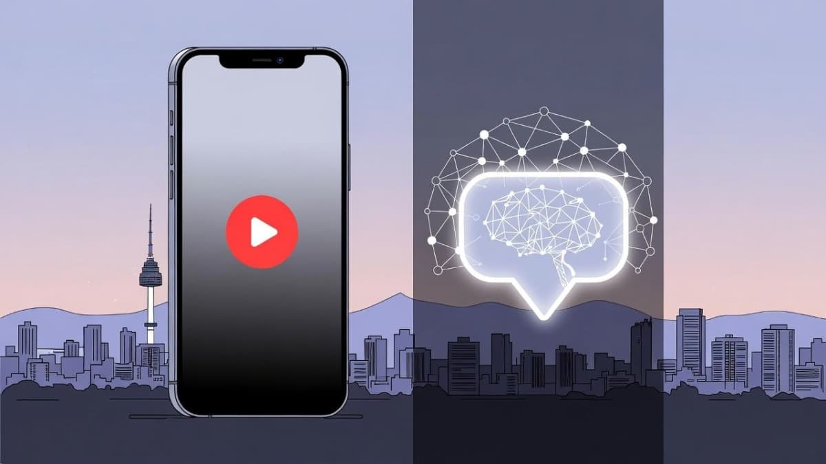 Illustration showing AI chat interface overtaking streaming on a smartphone against Seoul skyline