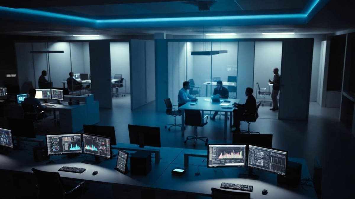 Empty corporate workstations with glowing screens next to human consultants in discussion, representing AI-human workforce integration