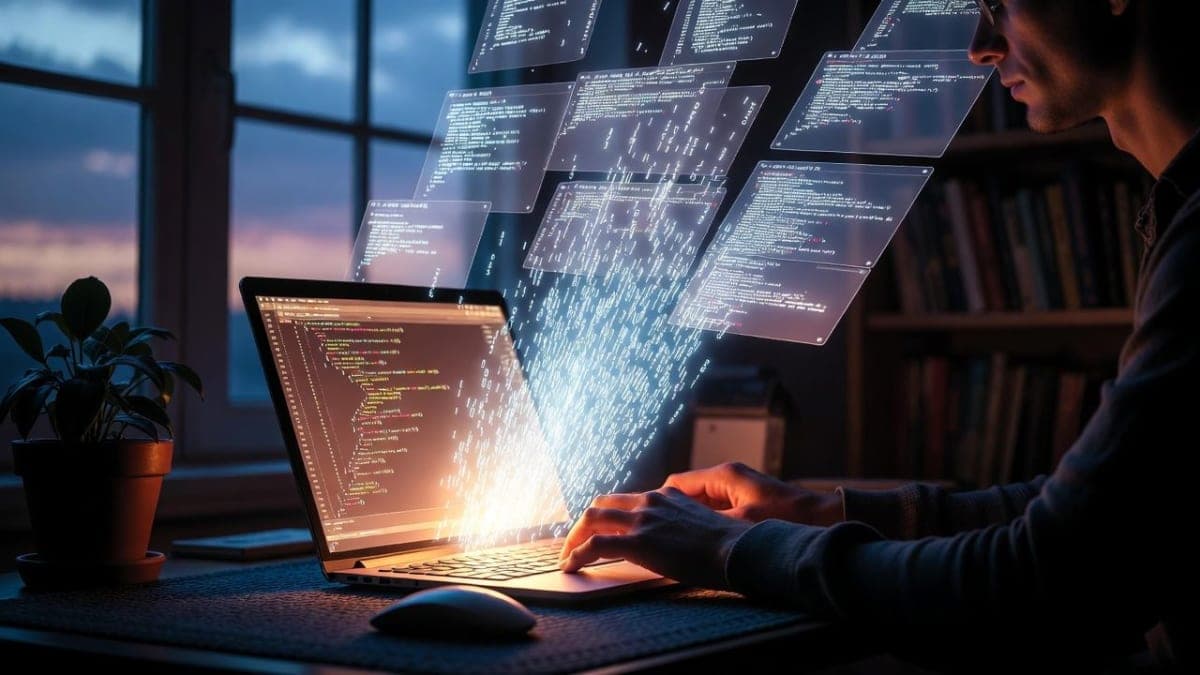Developer's hands hovering over keyboard as AI-generated code streams above the laptop screen in moody blue lighting