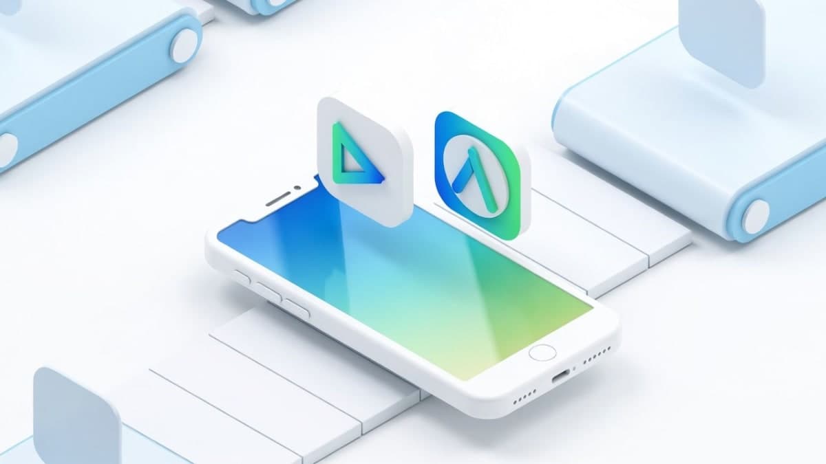 Illustration of automated mobile app deployment workflow with smartphone and app store icons