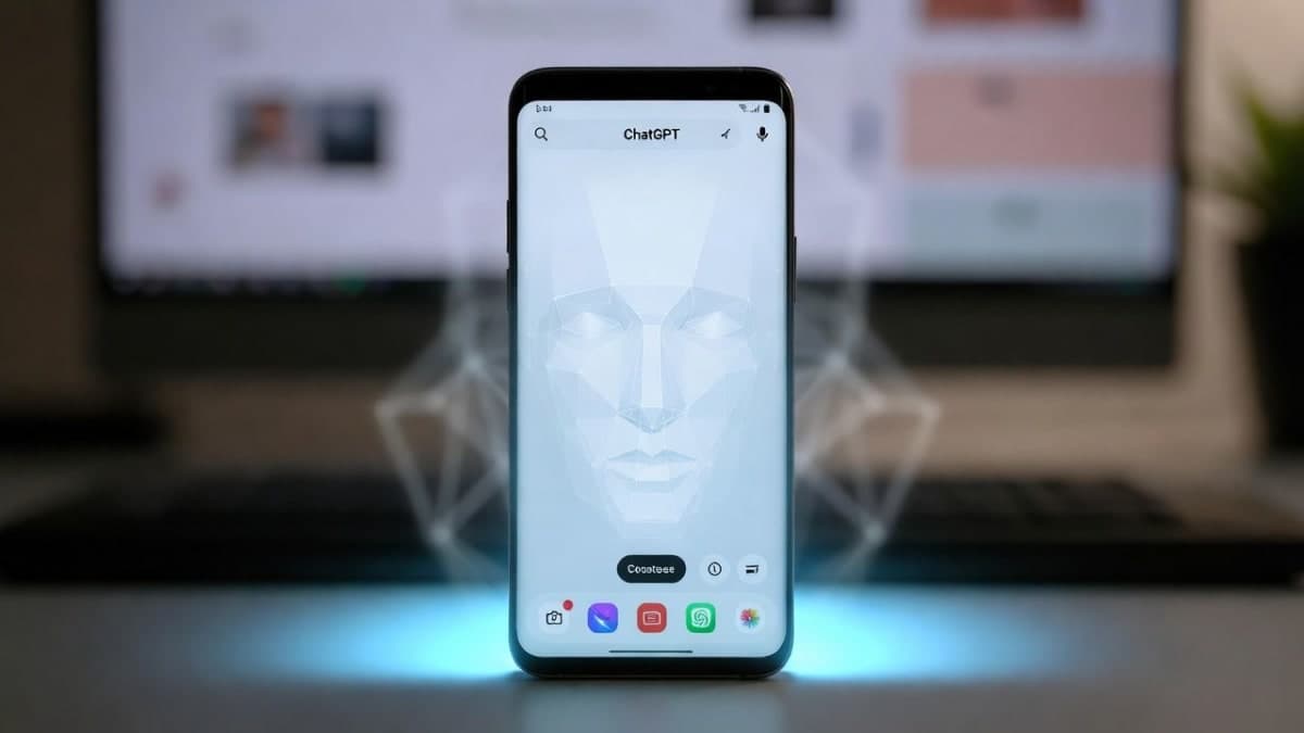 Smartphone displaying ChatGPT interface with subtle facial recognition visualization overlay