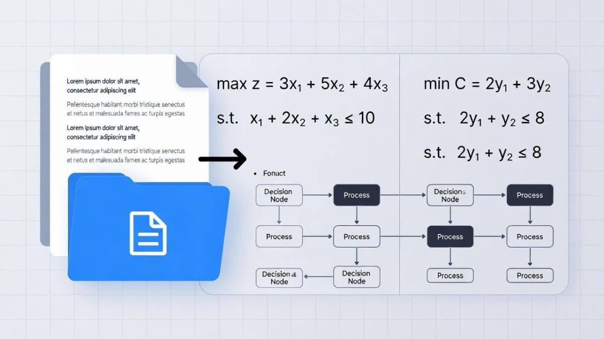 Abstract visualization of natural language text transforming into mathematical optimization formulas
