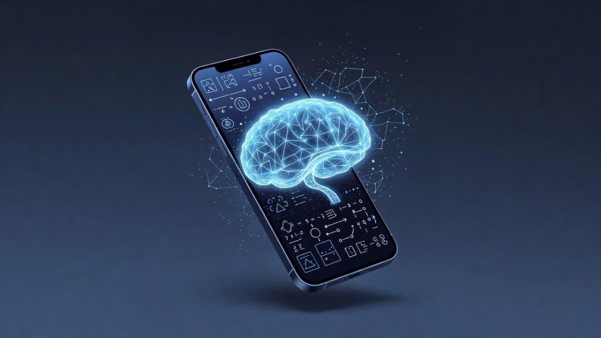 Smartphone displaying AI reasoning patterns against a dark blue background