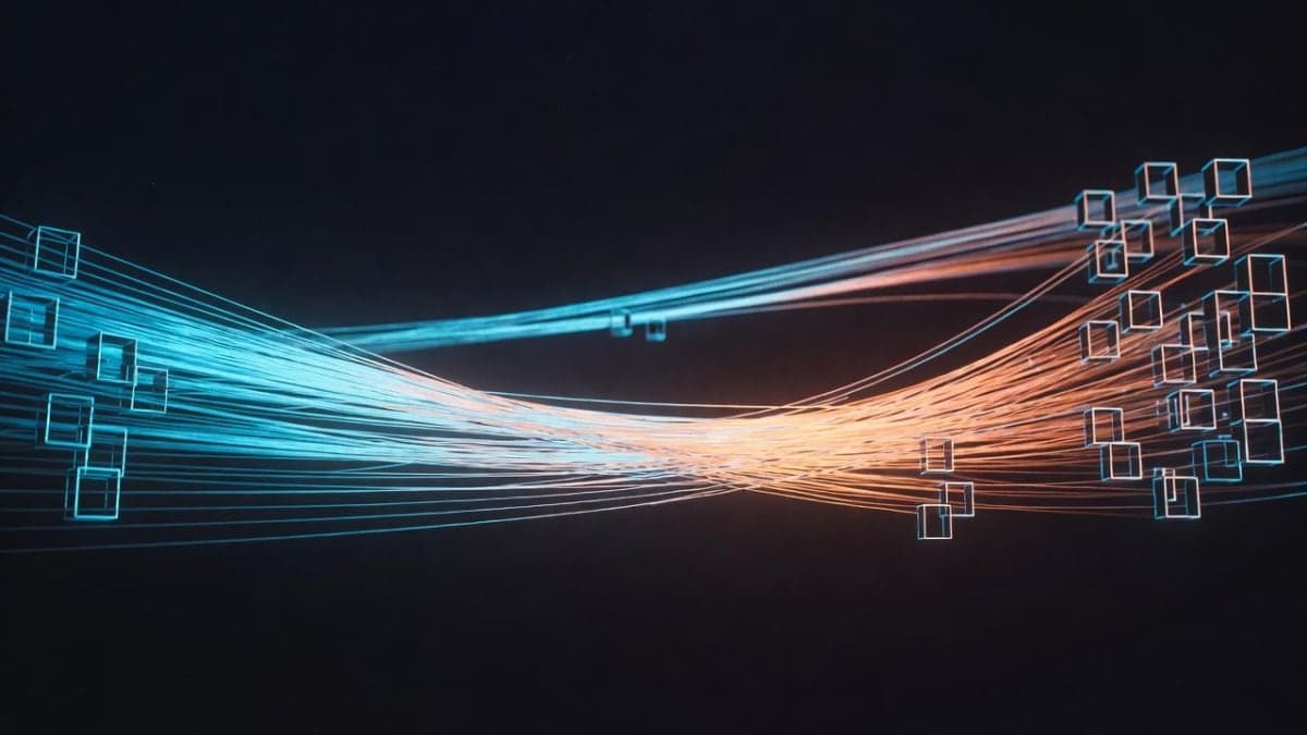 Abstract visualization of diverging AI model architectures represented as parallel light streams