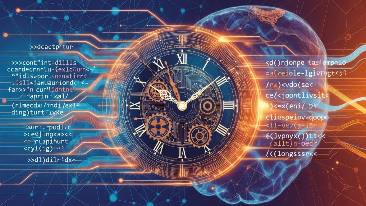 Abstract illustration of a clock face made of circuit patterns with code streaming past it, representing AI speed in technical challenges