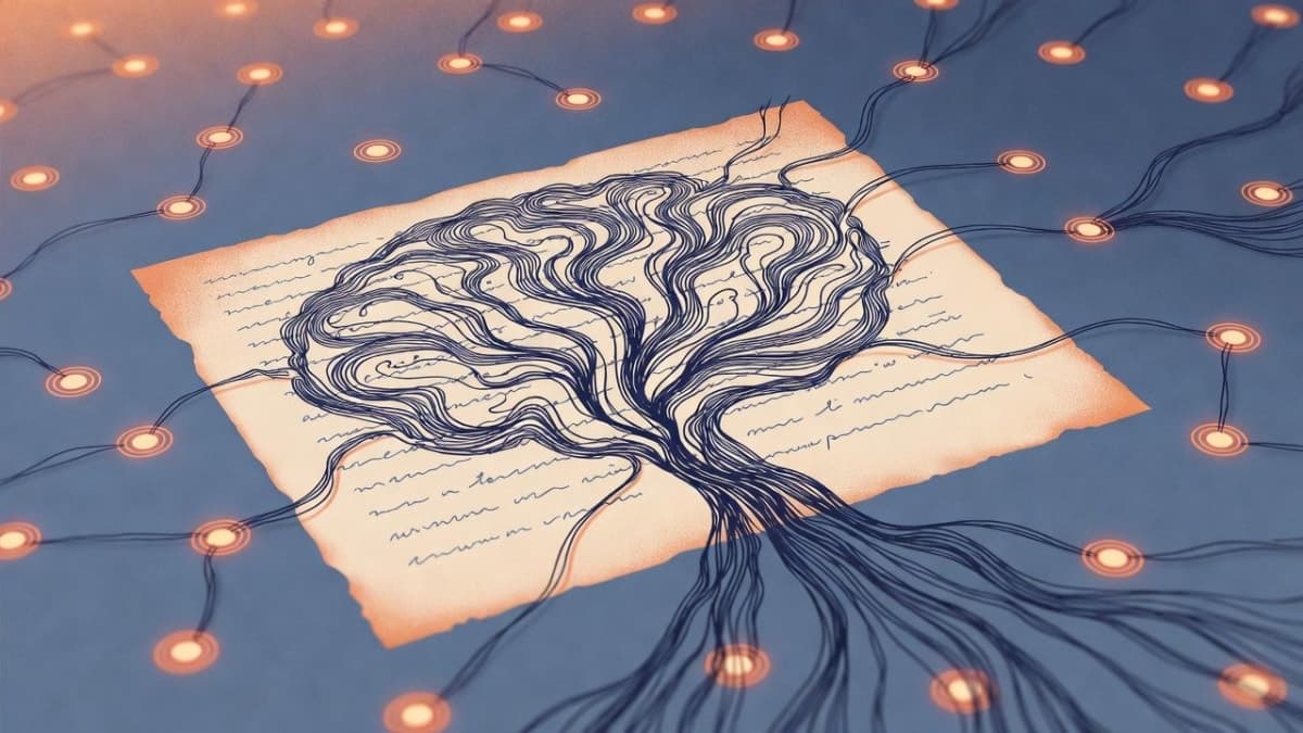 Abstract illustration of a document with branching neural network patterns in blue and warm tones