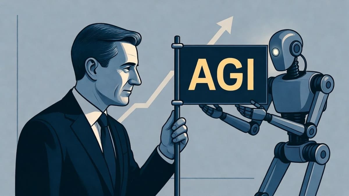 Illustration of a figure moving goalposts labeled AGI closer to a stationary robot, with an exponential curve in the background