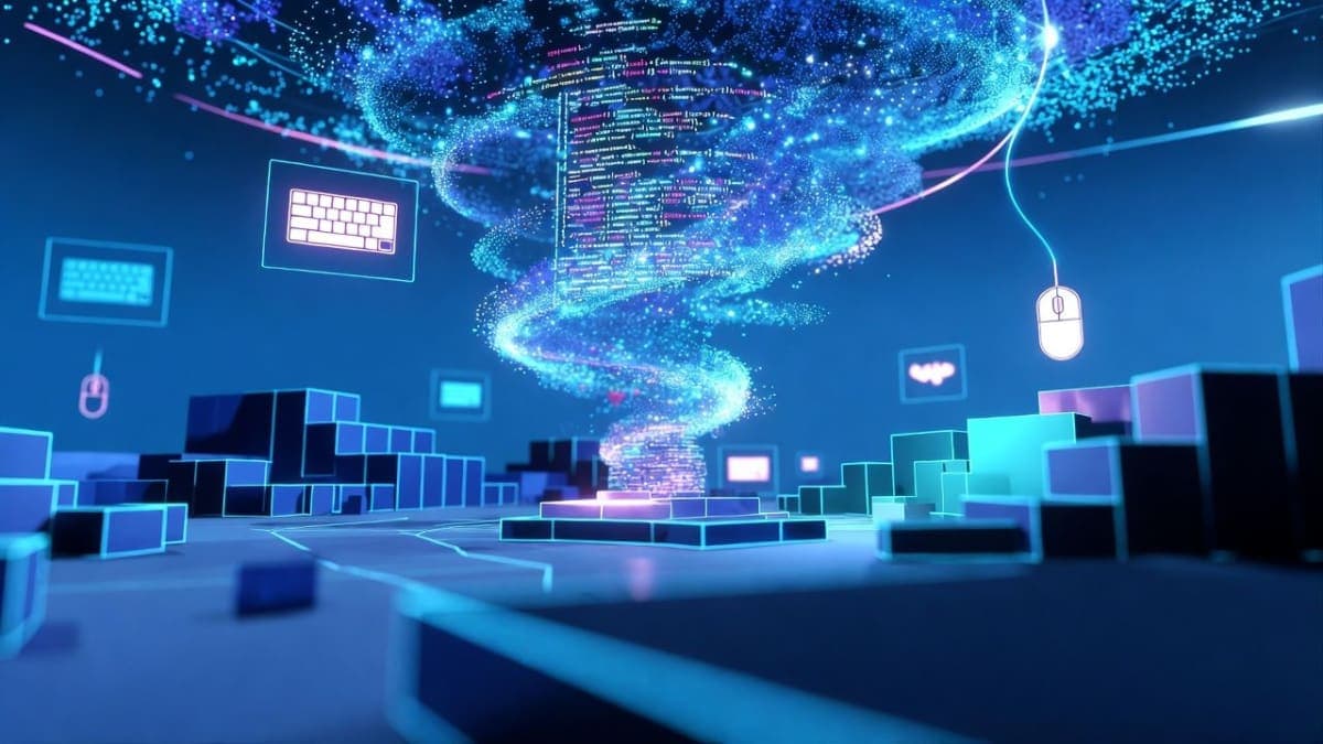 Stylized visualization of an AI-generated 3D game world forming from digital particles