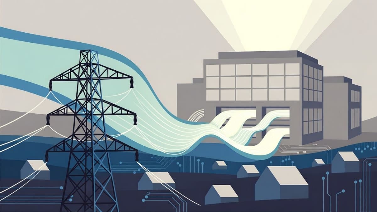 Illustration of power transmission infrastructure connecting to a modern AI data center facility with residential area in background